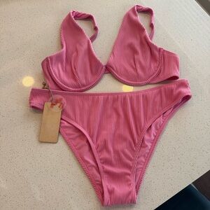 Cabana Del Sol Pink Ribbed Bikini Set XL NWT
